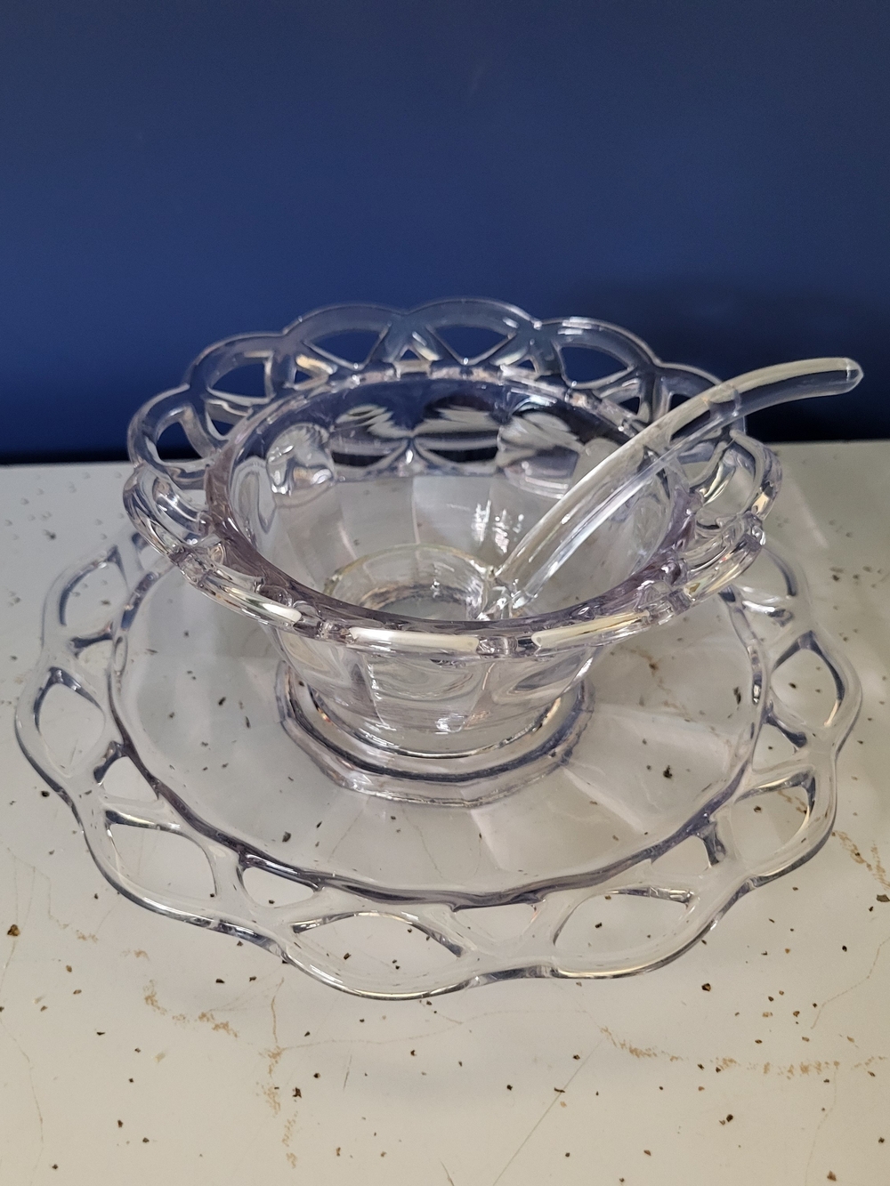 Vintage Imperial Glass Condiment Bowl with Spoon and Tray - Transparent